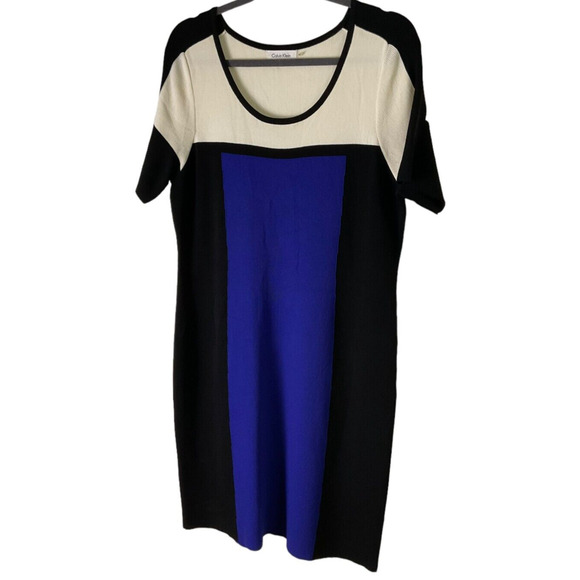 Calvin Klein Color Block Women’s Large Blue Black White Dress Rayon Nylon Blend - Picture 1 of 10